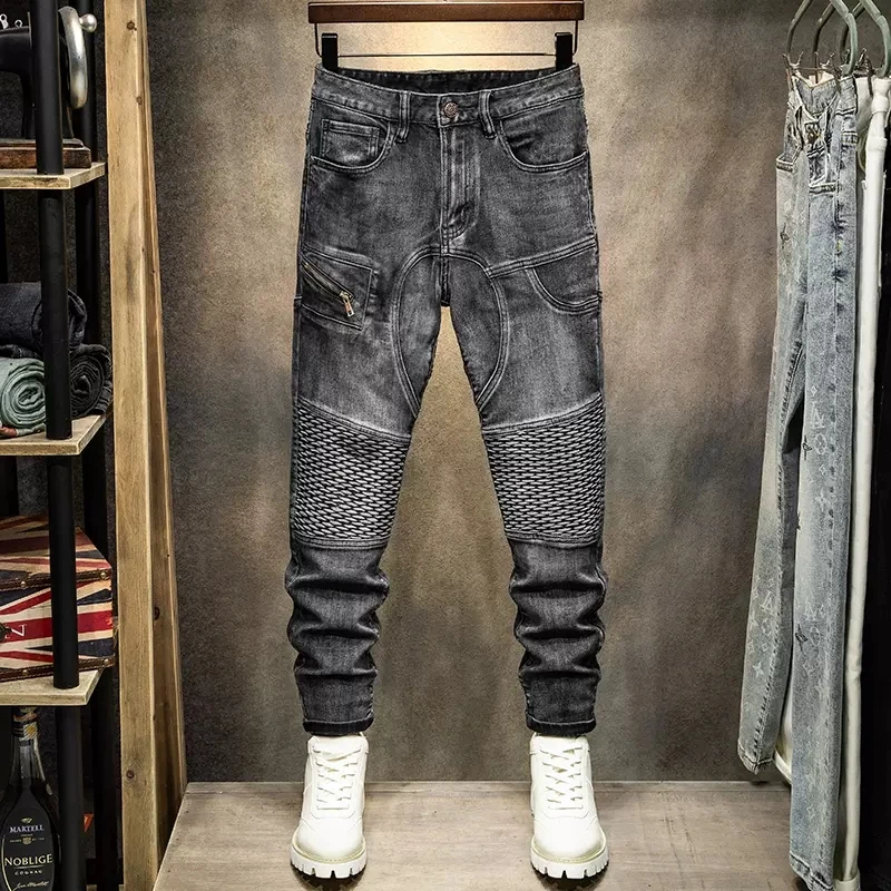 

High Street Fashion Men Jeans Retro Black Gray Stretch Elastic Skinny Biker Jeans Men Spliced Patched Designer Hip Hop Pants