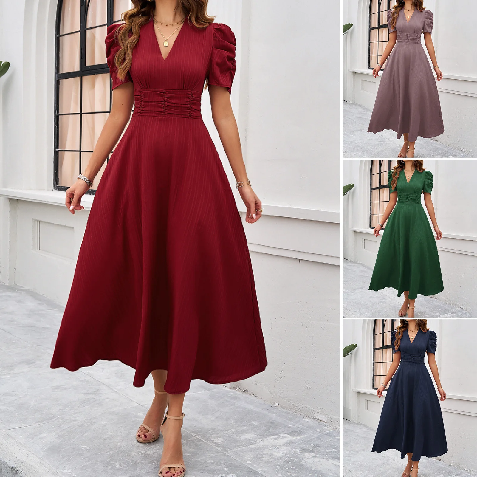 

2025 Summer Dress Elegant Style Solid Color High Waist V-neck Dresses Short Sleeved Dress for Women
