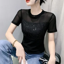 Shiny Sequin Short Sleeve T-Shirt Women's Summer New Style Mesh Splicing Sexy Spicy Short Shirt Korean Style Commute Fashion