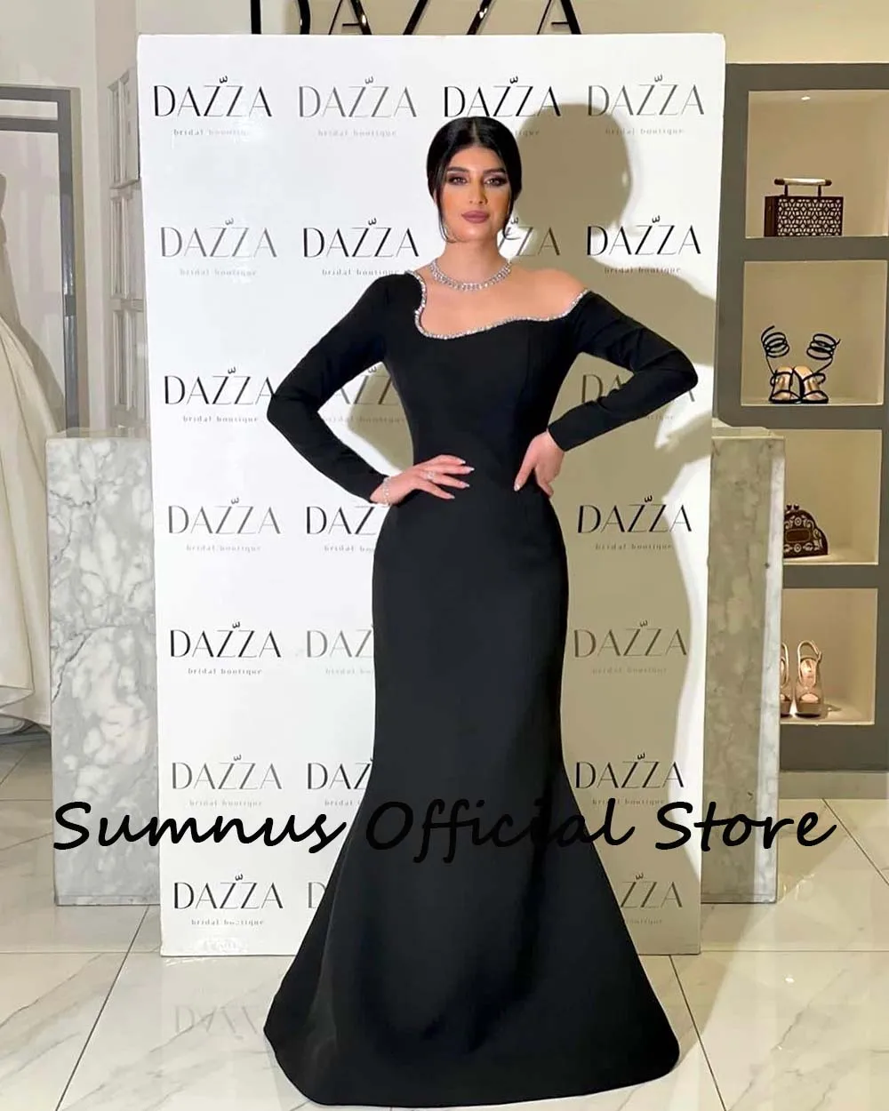 Sumnus Schwarze Meerjungfrau Arabisch Abend Party Kleider Langarm Sexy Off Schulter Prom Kleid Elegante Dubai Formale Kleider Angepasst