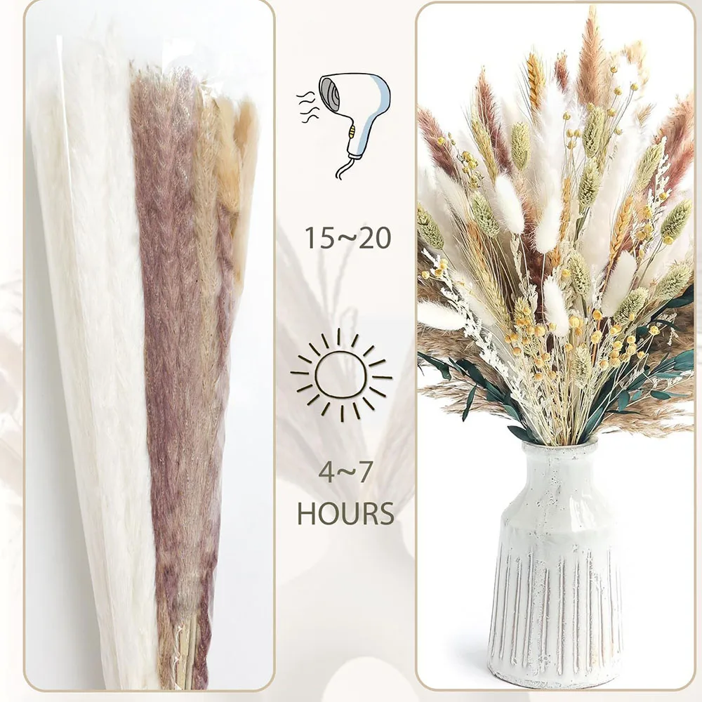 ช่อดอกหญ้าแพมพัสแห้ง 100 ชิ้น พร้อมดอกกระต่ายหางนก สำหรับตกแต่งงานแต่งงาน งานปาร์ตี้ ของตกแต่งบ้านสไตล์โบโฮ
