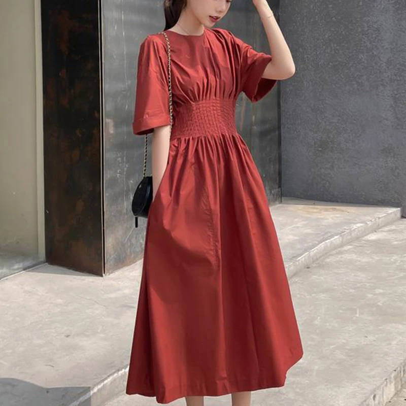 Fashion Elegant Solid Color Waist Women\'s Dresses Summer Vintage Casual Short Sleeve Simplicity Pockets Dress Female Clothing