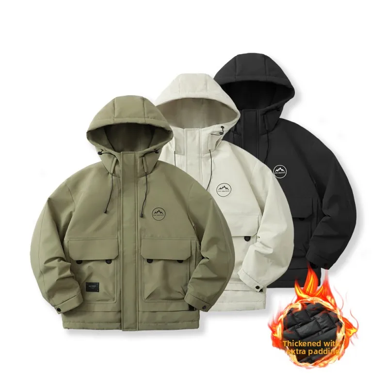 

Men's Thickened Cotton Jacket Heavyweight Two Cotton Workwear Warmth Assurance Hooded Windproof Outerwear Fashionable Urban C...