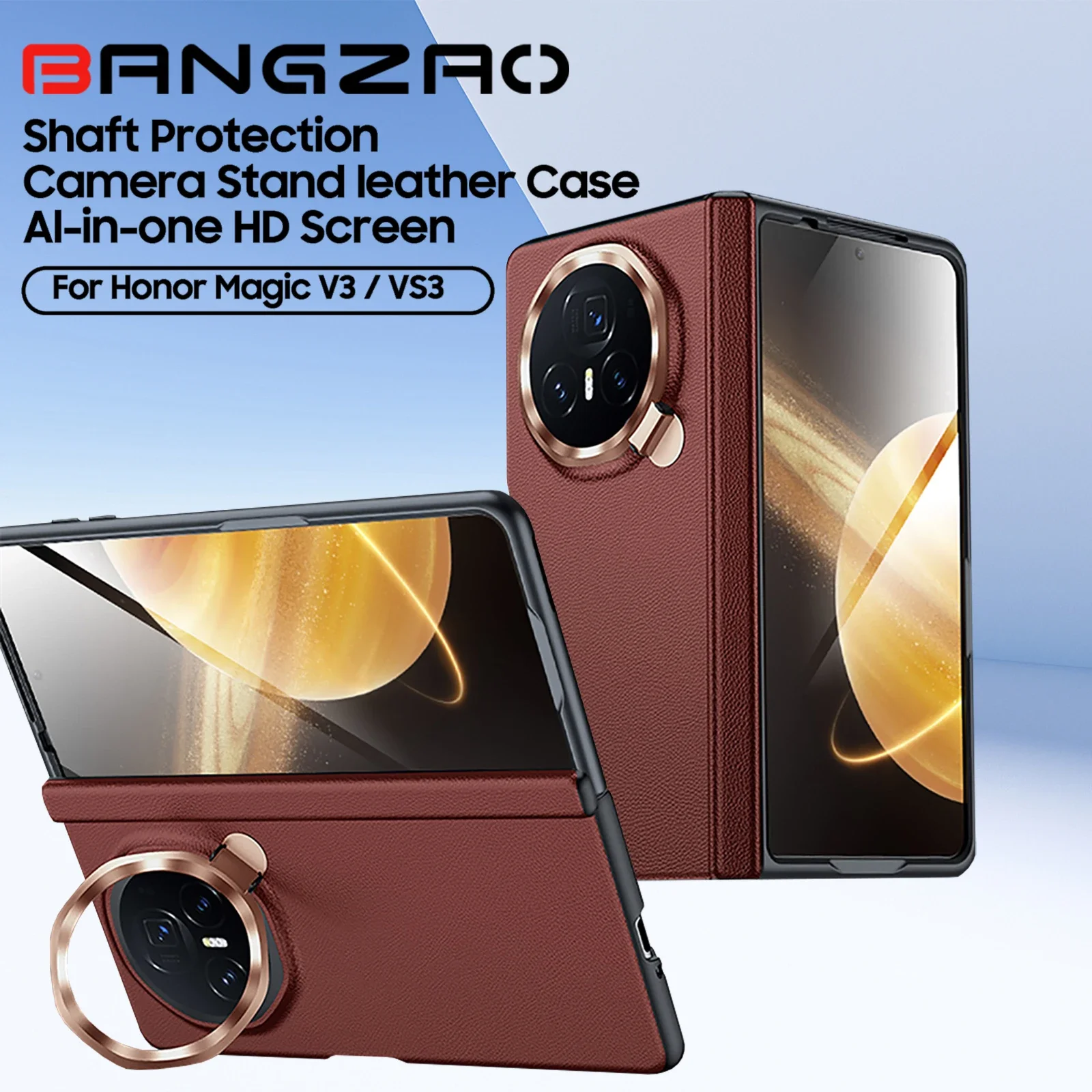 

Кожаный защитный чехол для Honor Magic V3, подставка для камеры, встроенная защитная пленка HD, защитный чехол для телефона с поворотным валом, красный