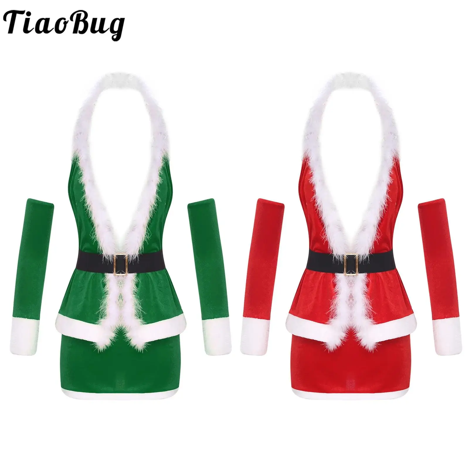 

Women Christmas Santa Sexy Costumes Outfit Clubwear Sleeveless Top with Oversleeves And Mini Skirts Set for Festival Parties