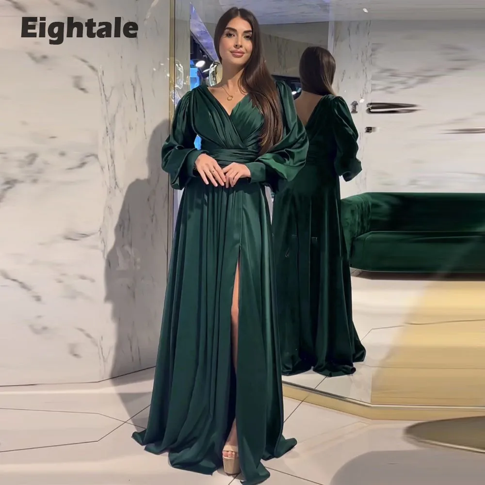 Eightale Dark Green Evening Dresses V-Neck Long Sleeves A-Line Pleats Floor Length Prom Party Gown Wedding Vestidos De Gala