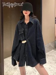 TWOTWINSTYLE Patchwork Belt Jackets For Women Lapel Long Sleeve Spliced Pockets Solid Loose Casual Coat Female Fashion Clothing