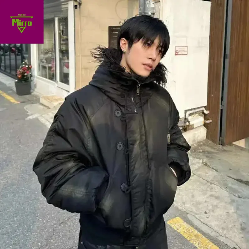 

Winter New Oversized Black Cotton-padded Coat Men's Trend Tie-dye Print Fur Collar Zipper Hooded Quilted Padded Jackets