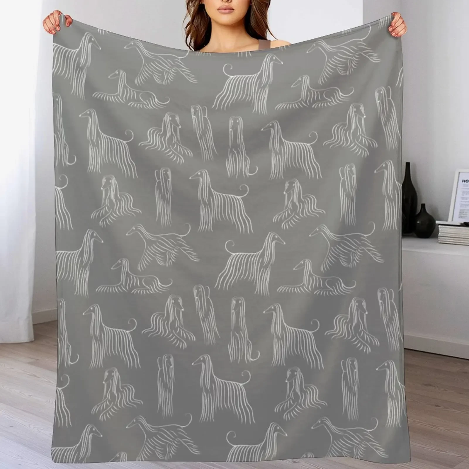 Afghan Hound Pattern on Grey Background Throw Blanket Stylish Couch Blanket for Home Living Room