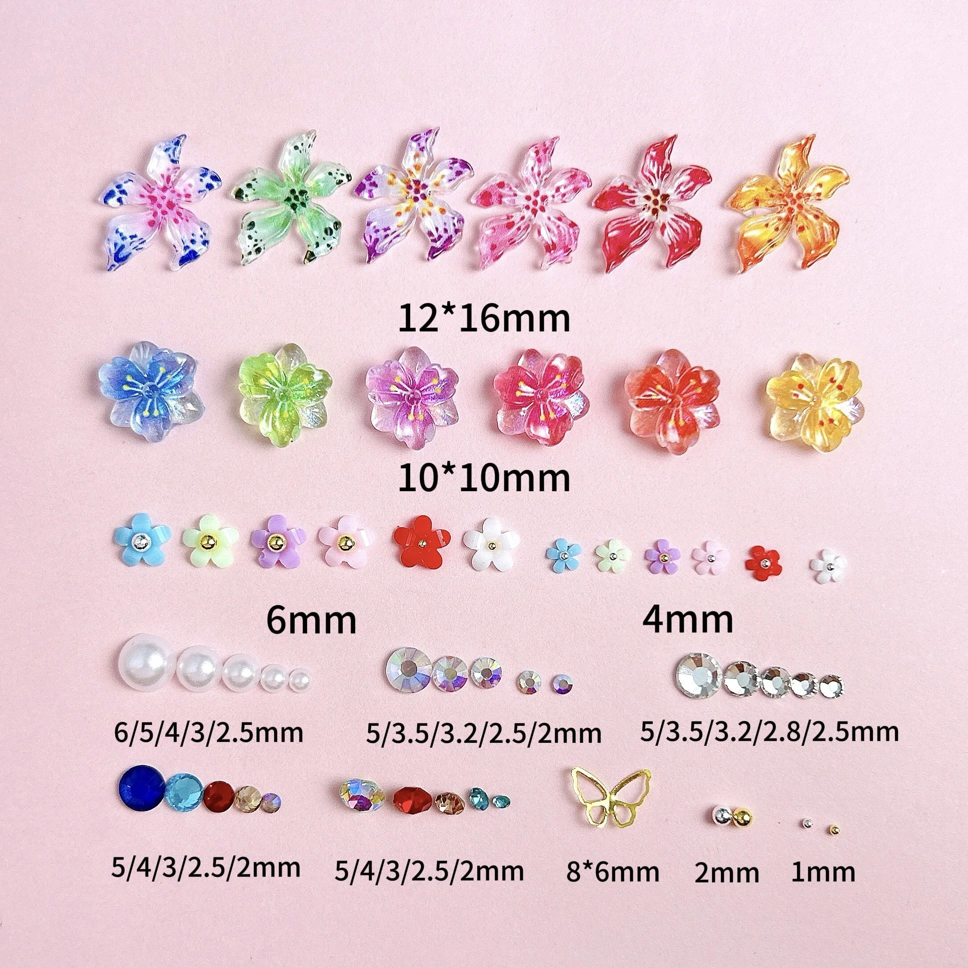 1 caja 3D de múltiples estilos, flores coloridas, decoraciones artísticas de resina para uñas, flores manchadas dulces, Mini diamantes de imitación, dijes para uñas mixtos DIY