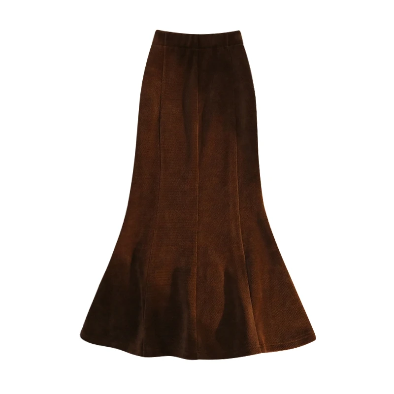 레트로 블랙 코듀로이 바디콘 머메이드 스커트 두꺼운 백슬릿 미디 펜슬 스커트 여성용 우아한 겨울 오피스웨어