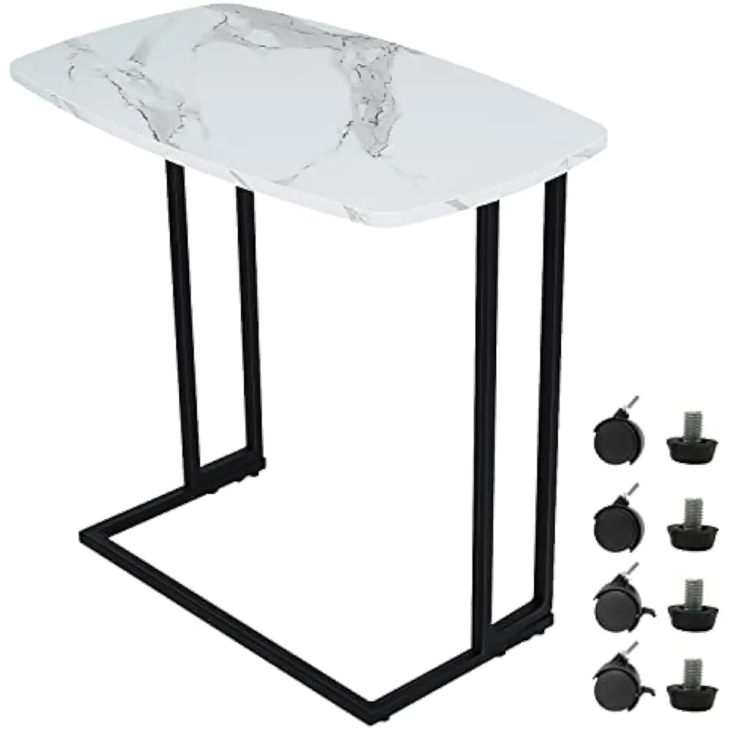 

C Shaped End Table, Small Side Table for Couch, Tv Tray Table with Detachable Wheels and Metal Frame, White Marble Texture Sofa