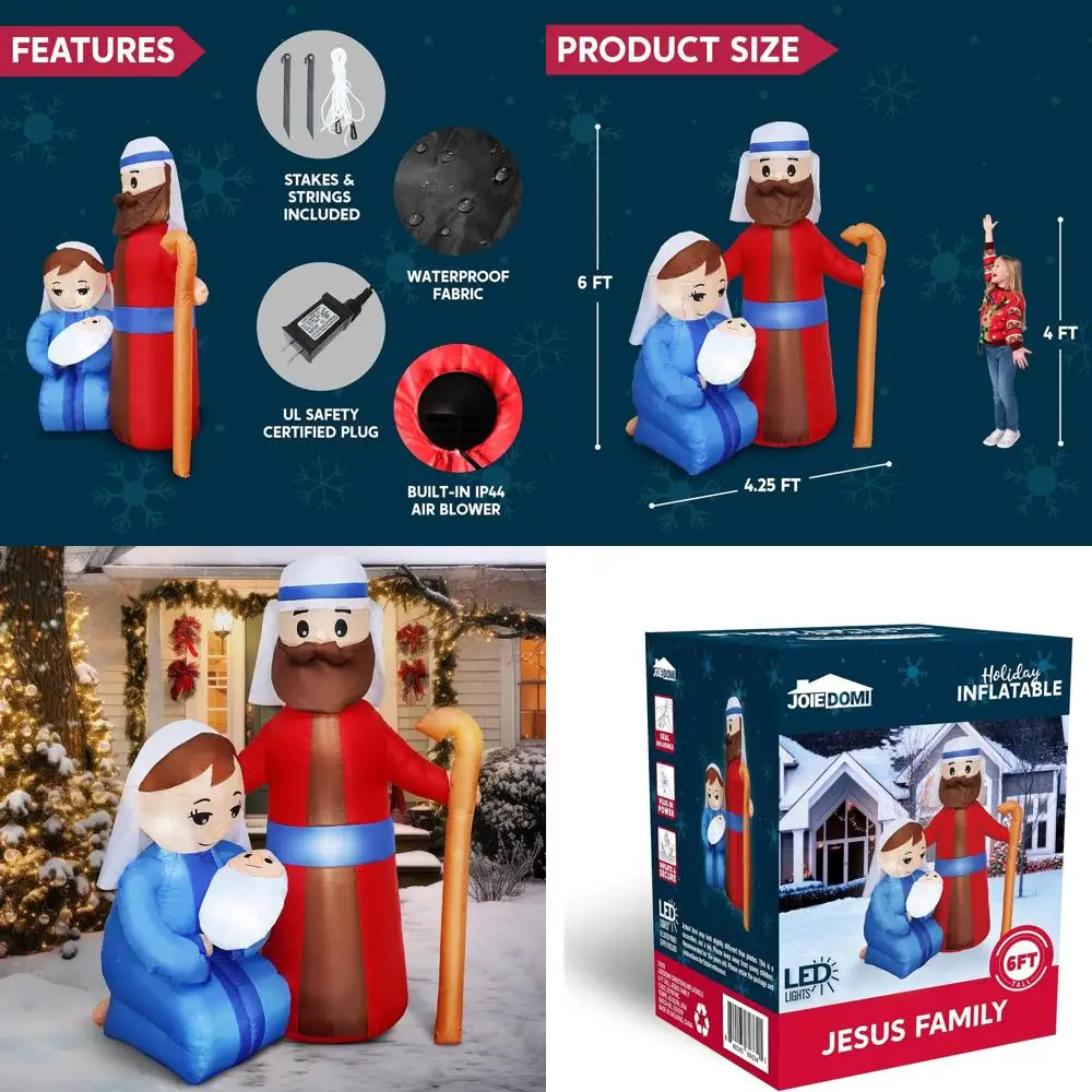 

Надувная вертепная сцена высотой 6 футов со светодиодной подсветкой на Рождество, подходит для внутренних и наружных праздничных украшений