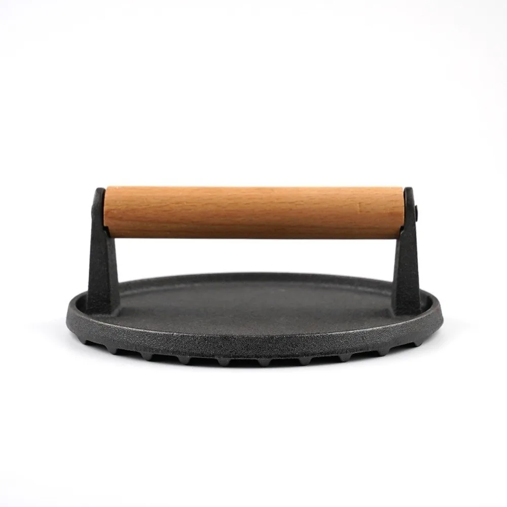 

Чугунный пресс для мяса, сверхмощная деревянная ручка, пресс для стейка, гамбургера, круглый прямоугольный гриль с плоской вершиной, мясорубка для гамбургеров