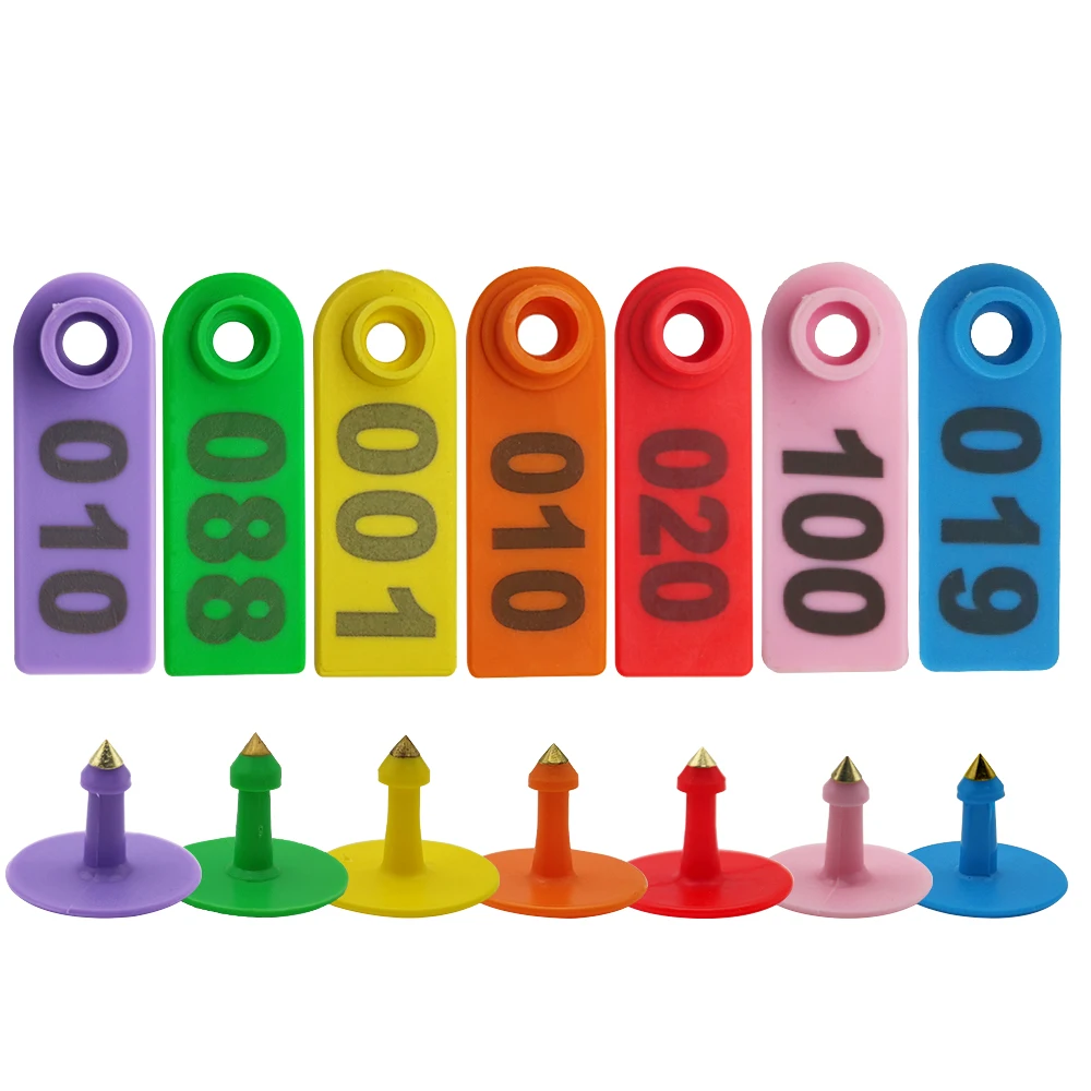 100個入り ヤギ 羊 ウサギ 豚 耳標 レーザー刻印銅製ヘッド付き 農場動物識別カードツール 8色 001-500