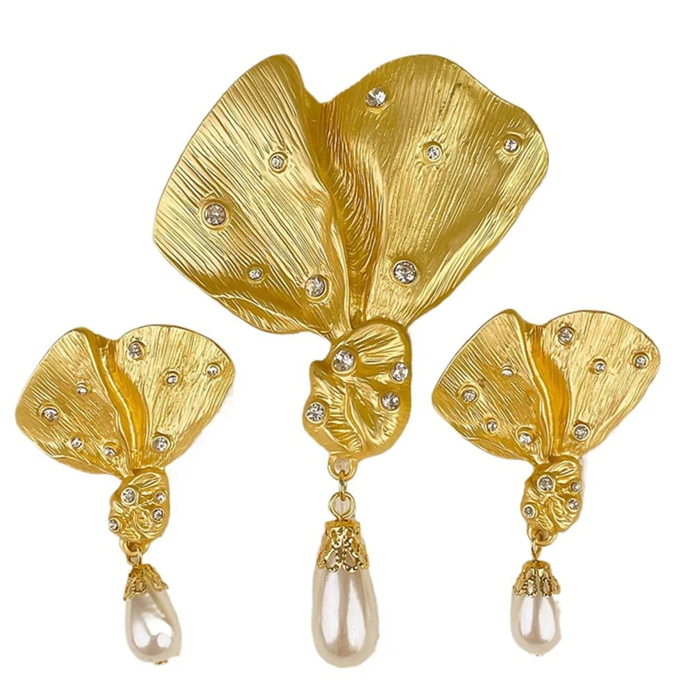 

Medieval Delicate Fold Ginkgo Leaf Brooch Earring Jewelry Sets Simulated Pearl Rhinestone Brooches Pins For Women's Party