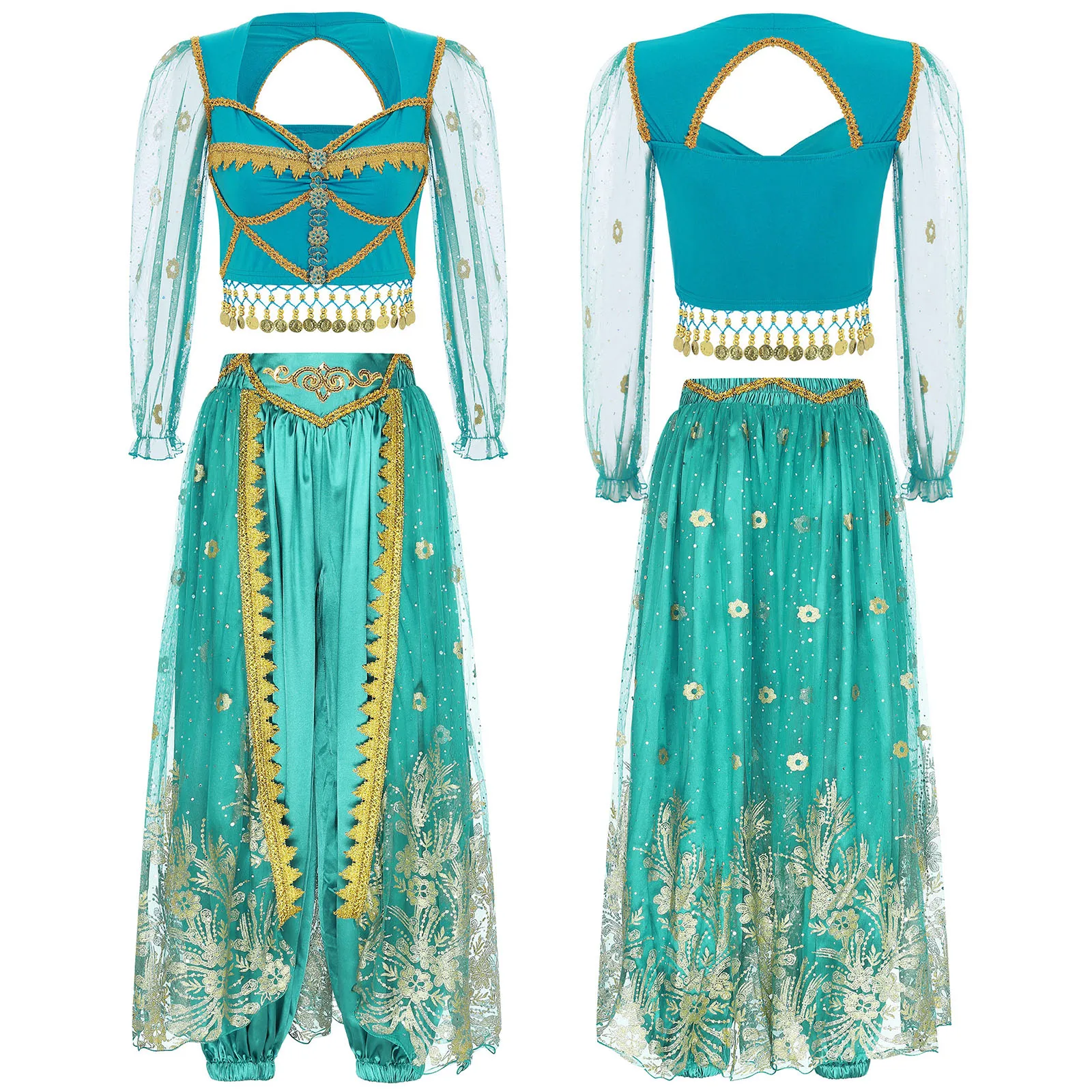 

Princess Costume Women Belly Dance Outfits Long Sleeve Gold Tassel Crop Top and Mesh Skirted Bloomers for Halloween Theme Party