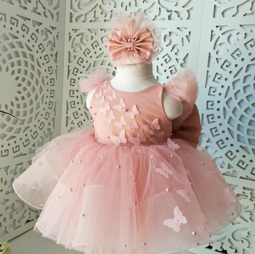 

New Pink Baby Girl Dress High Quality Layers Tulle Puffy Girls First Birthday Party Gowns with Bow Kid Size 1-10T