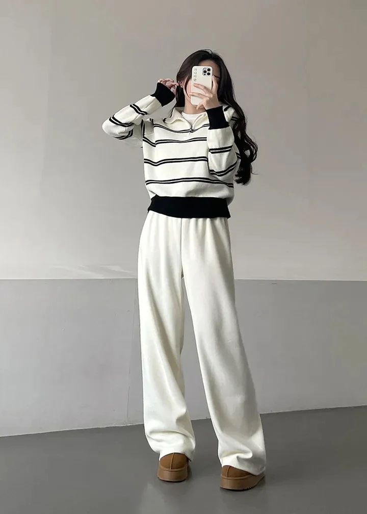 Korean Style Lazy Striped Zipper Color Block Long Sleeve Women's Soft Sweater Autumn Winter New Design Knitted Shirt