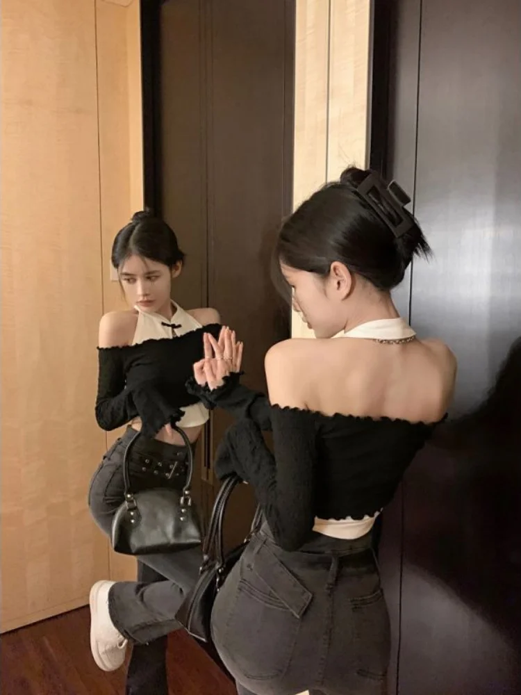 Woherb Sexy Two Pieces Set Women Long Sleeve Off Shoulder Crop Top + Sleeveless Tank  Korean Y2k Aesthetic Chic Outfits