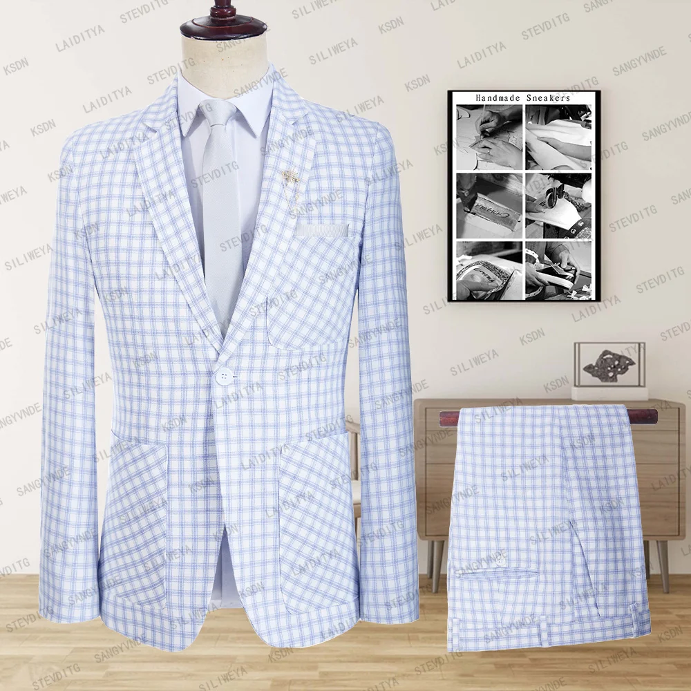 

Male Wedding New 2023 Summer Business Formal Blue Plaid Suit Luxury Slim Fit Coat Trousers Men Dress Blazers Pants Vest 3 Piece