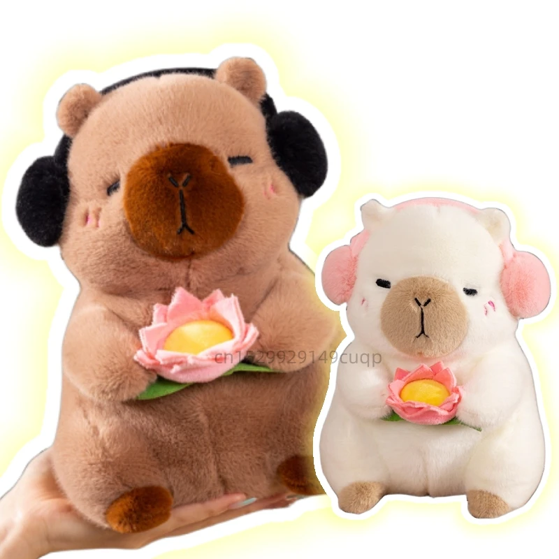 Kawaii Capybara Baboon Plush Doll With Lotus And Ear Muffs Brown Khaki White Capybara 1988 Plush Toy From Korean Drama Series