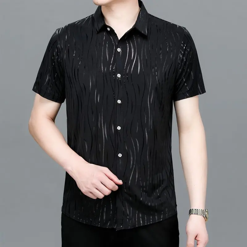 Streetwear Fashion Men Summer Smooth Shirt Short Sleeve Korean Male Clothing New Vintage Business Casual Loose Black Tops 2023