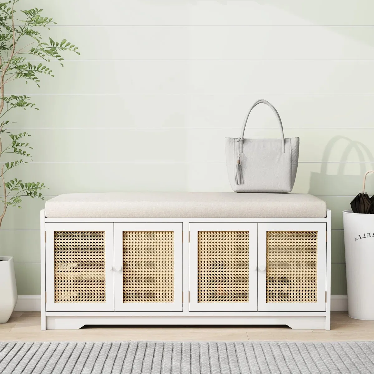 

Rattan Woven Double Door White Storage Bench Elegant Living Room Entryway Shoe Cabinet