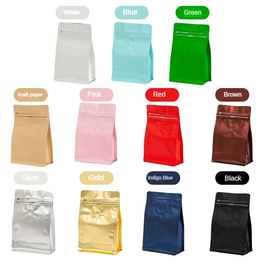 50pcs Reusable Dark Brown/Blue/Pink/Green Aluminum Foil Tea Coffee Grain Bag with Valve Smell Proof 250g 500g 1kg with Design