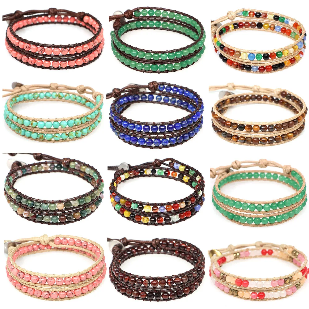 

Bohemian Wrap Beads Bracelet Natural Stones Turquoise 2 Strands Multilayer Leather Rope Woven Yoga Bangles For Women Men Jewelry
