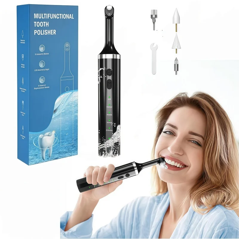 Tooth Polisher Teeth Cleaner Kit Set with 5 Brush Heads & LED Light Waterproof for Home Use Teeth Polishing Whitening Cleaning