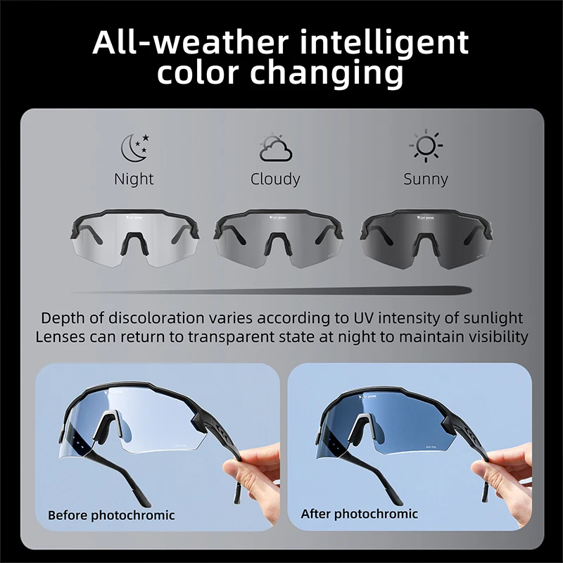 WEST BIKING Photochromic Cycling Sunglasses Anti-Fog Bike Goggles Rimless Windproof Sport UV400 Glasses TR90 Glasses Frame