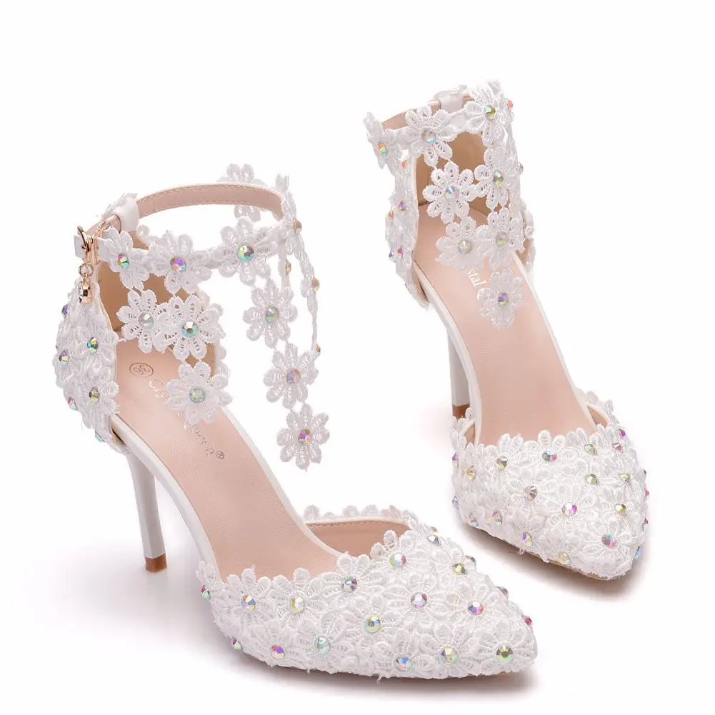 Women's Sandals Party Office Pointed Toe Rhinestone Buckle Strap PU 9CM Thin Heels Flower Lady Wedding Photo Shoes For Women