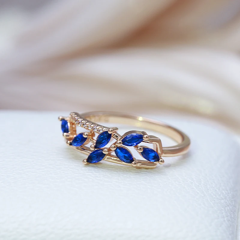 SYOUJYO Leaf Shape Blue Natural Zircon Full Paved Rings For Women Daily Multipurpose Fashion Slim Copper Jewelry Gift