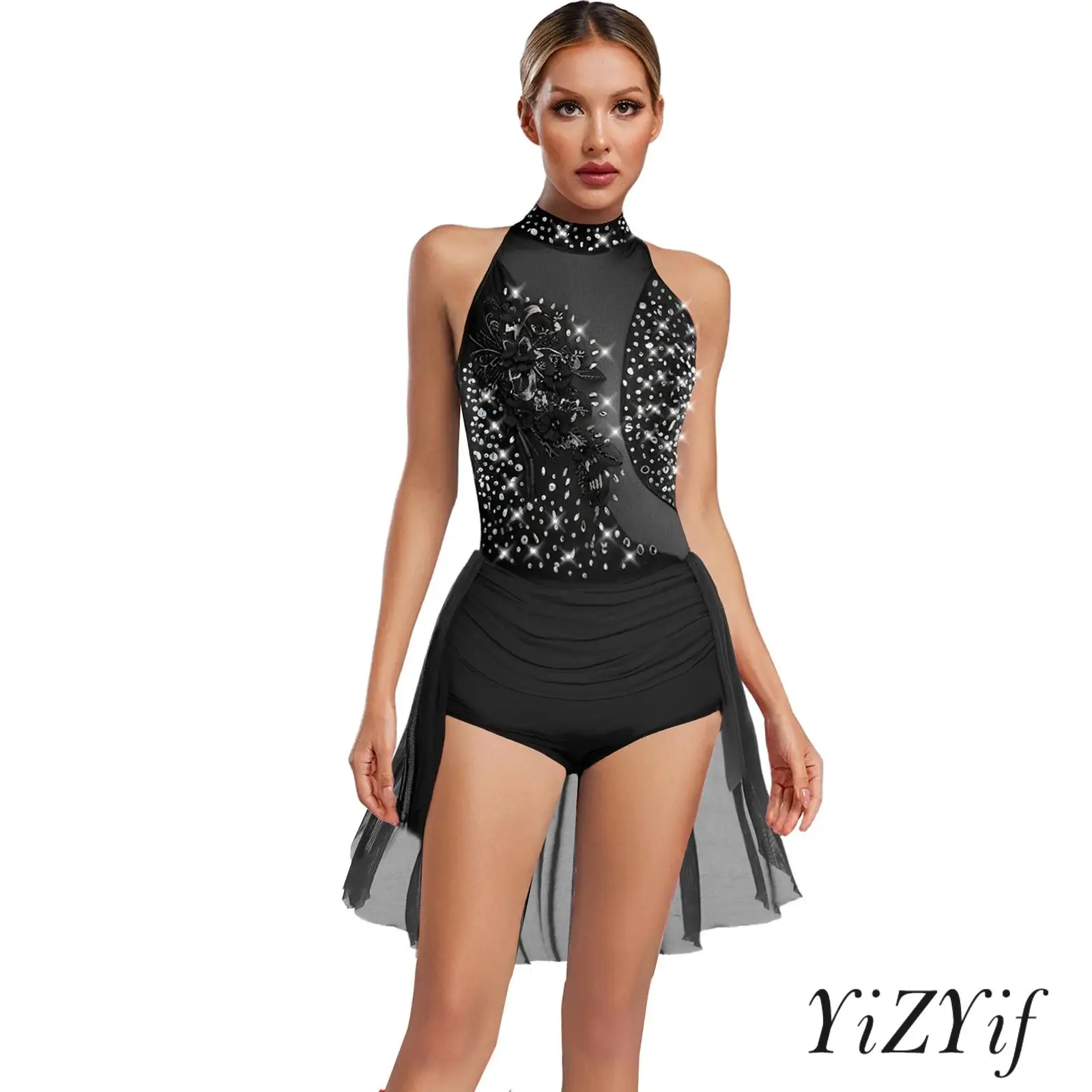 Women Skating Lyrical Dress Rhinestones Applique Dance Bodysuits Sleeveless Irregular Skirted Leotard Dress Modern Dancewear