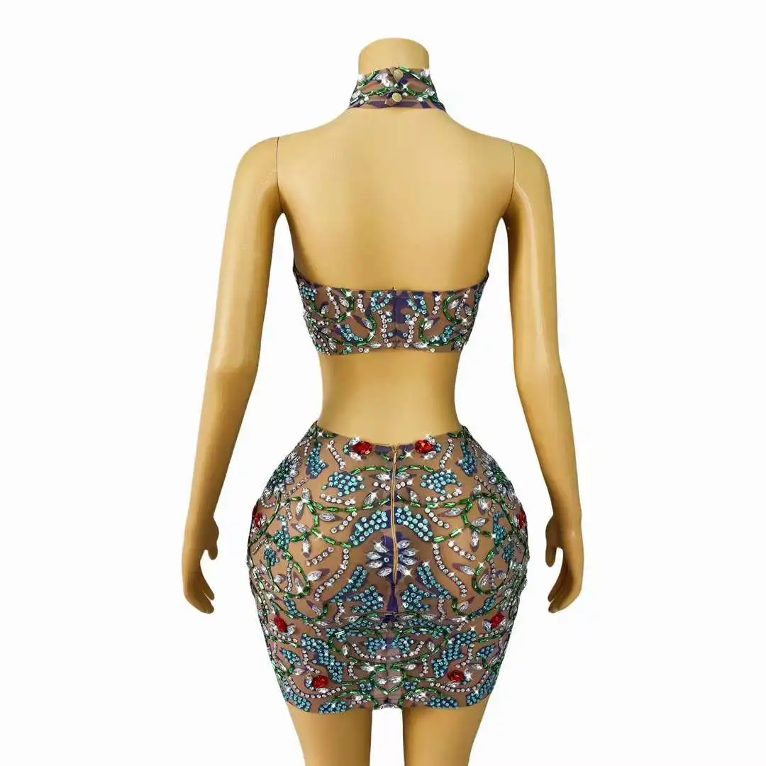 Sexy Shining Rhinestone Crop Top Short Skirt Set Two Pieces Women's Stage Performance Outfit Vintage Nightclub Dance Costume