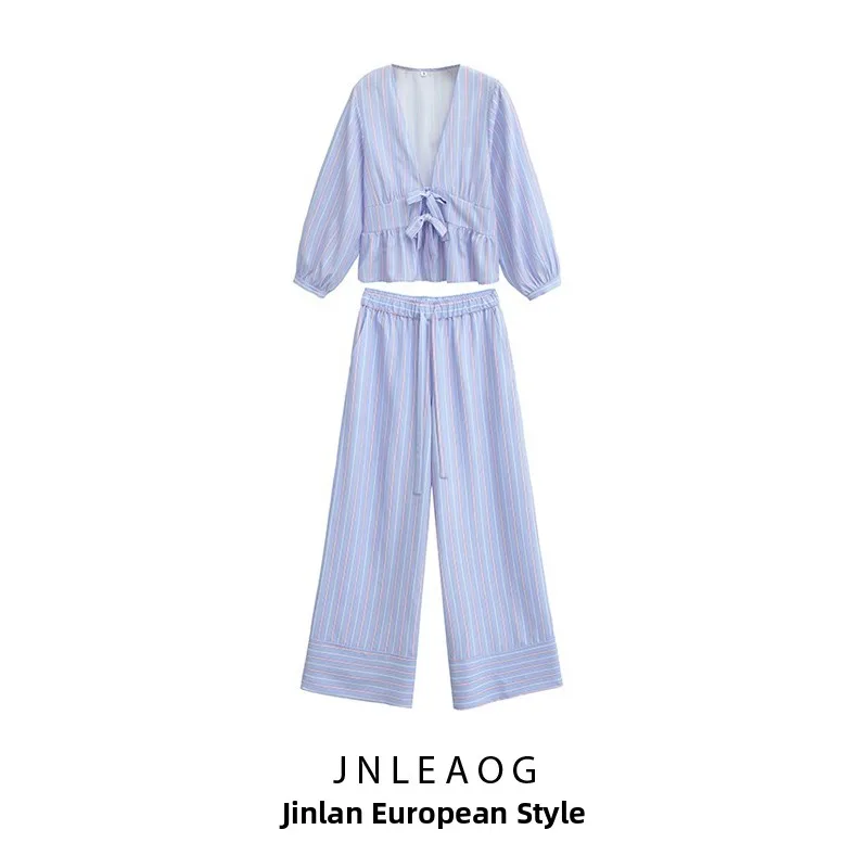 Pantaloni decorativi con nodo irt a righe da donna New Sle primaverili Sle francese vestibilità ampia lunga Sve poliestere V-ne