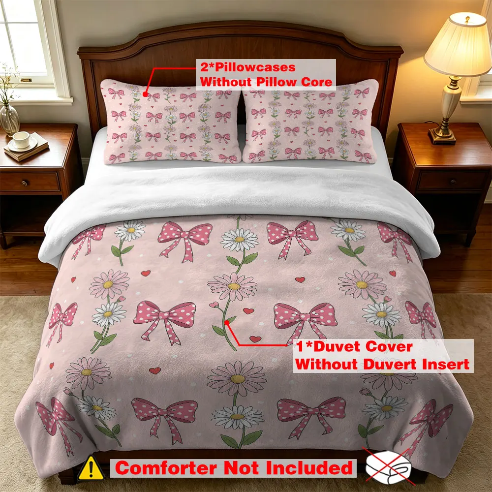 3PCS Daisy Polka Dot Bow Heart Milk Velvet Duvet Cover Set Soft Warm Winter Bedding 1 Duvet Cover 2 Pillowcases No Filling Be