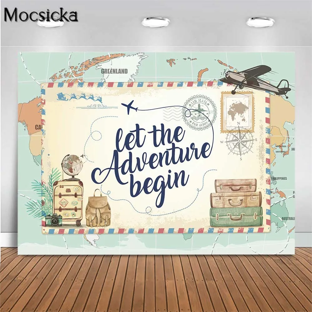 Mocsicka Let the Adventure Begin Photography Backdrops 1st Birthday Newborn Welcome Party Photo Background Map Plane Stamp Decor