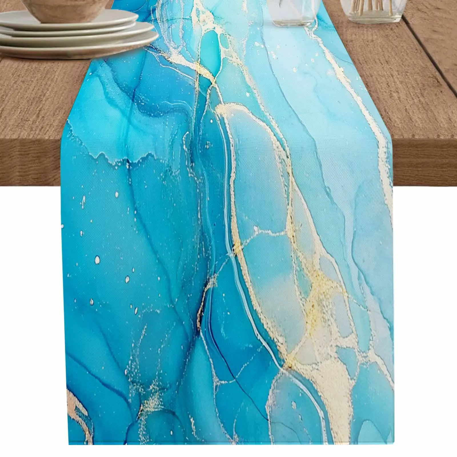 

1 PCS Watercolor Blue Theme Marble Texture Table Runner Party Polyester Table Cover for Home Dining Decoration