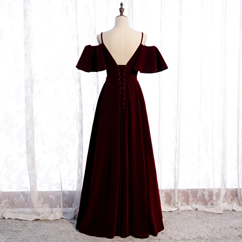 Evening Dress Wine Red Velvet Spaghetti Strap Ruffles Short Sleeves Lace up A-Line Floor-Length Party Formal Gown Woman B1208