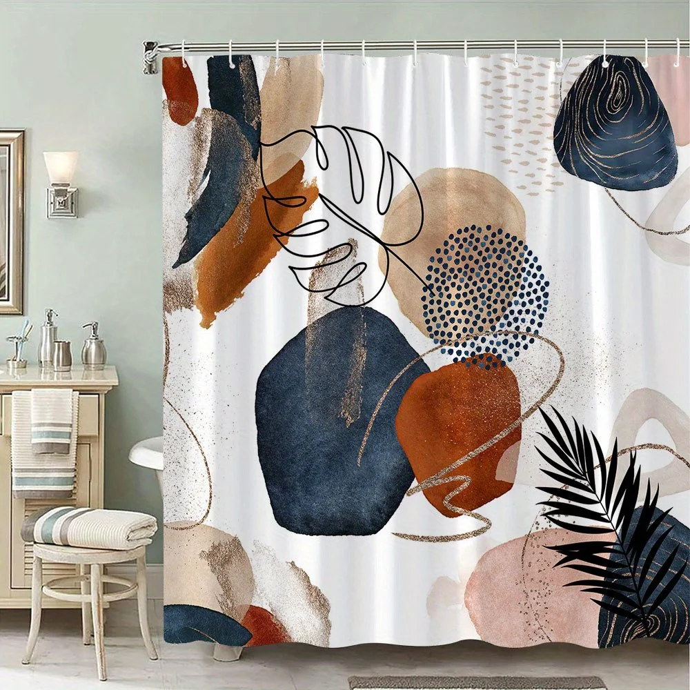 

Modern Abstract Geometric Watercolor Shower Curtain Navy Blue/Rust Orange/Beige/Pink Minimalist Shower Curtain with Hooks