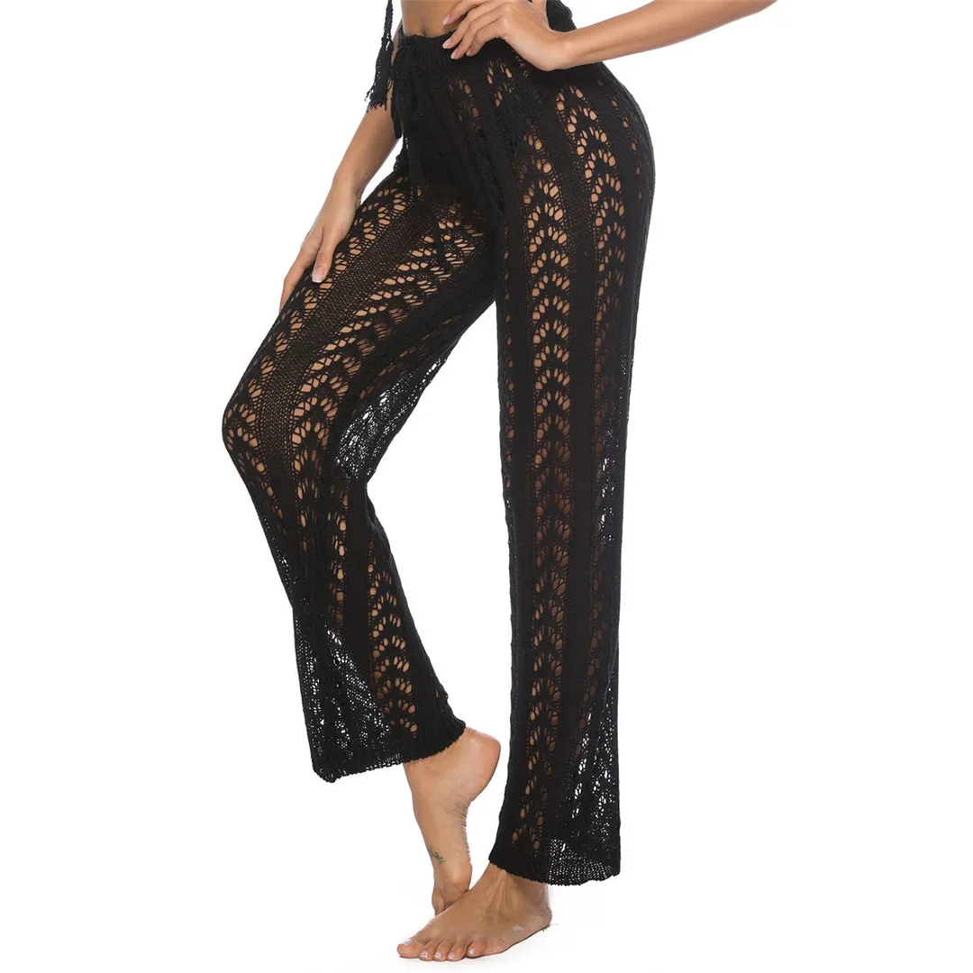 S - XL Damen-Häkel-Strick-Strandhose, ausgehöhlte, elastische, gerade geschnittene, lässige Hose, Urlaub, Strand, weites Bein, Bikini-Überwurf V2651 – Detail 26