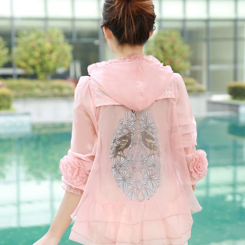 

Summer Korean Fashion Light-thin Large Size Long-sleeve Hooded Short Sun Protection Clothing Women Breathable Beach Jacket X200