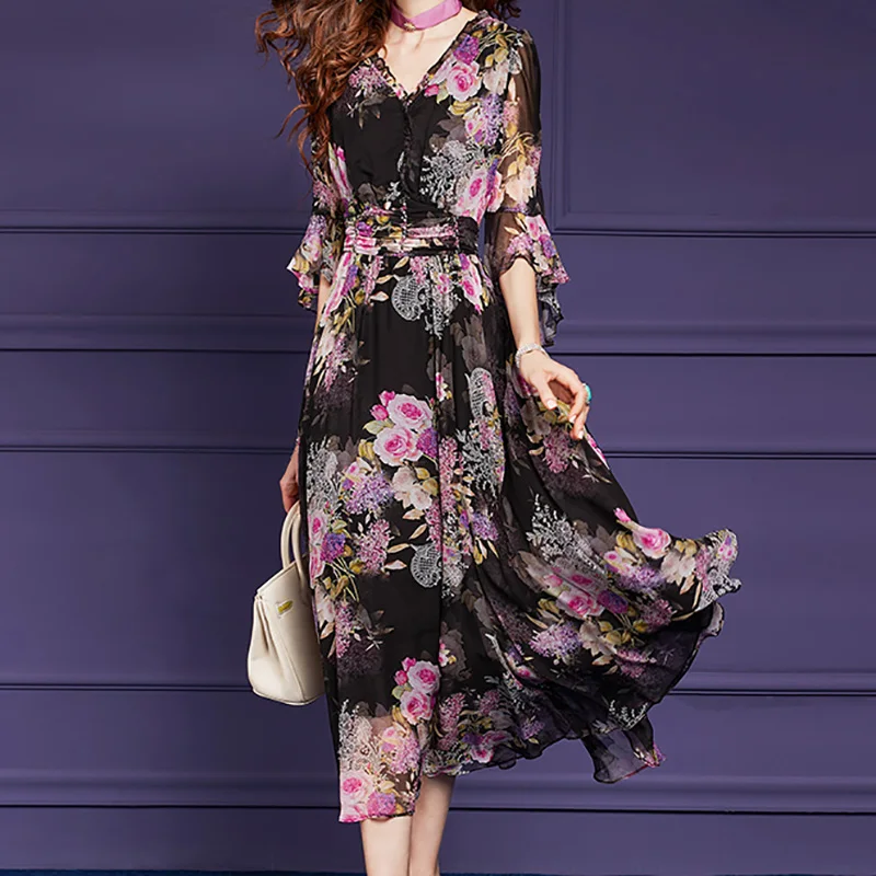 EVNISI Women Chic Ruffles Chiffon Dress Elegant Floral Printing Natural Silk Dresses V-neck Office Women Summer Fairy Vestido