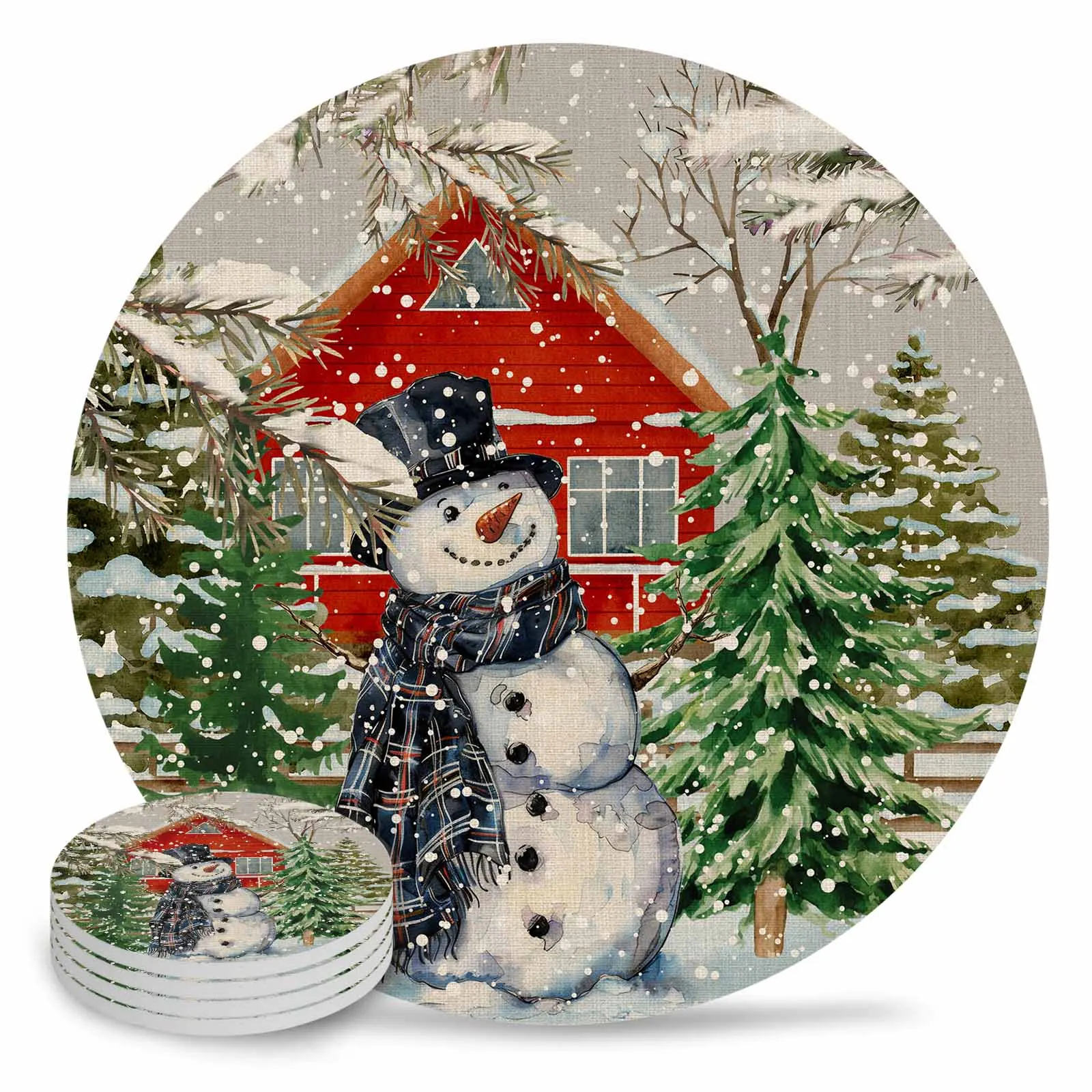 Christmas Tree Watercolor Snowman Round Coaster Coffee Table Mats Kitchen Accessories Absorbent Ceramic Coasters