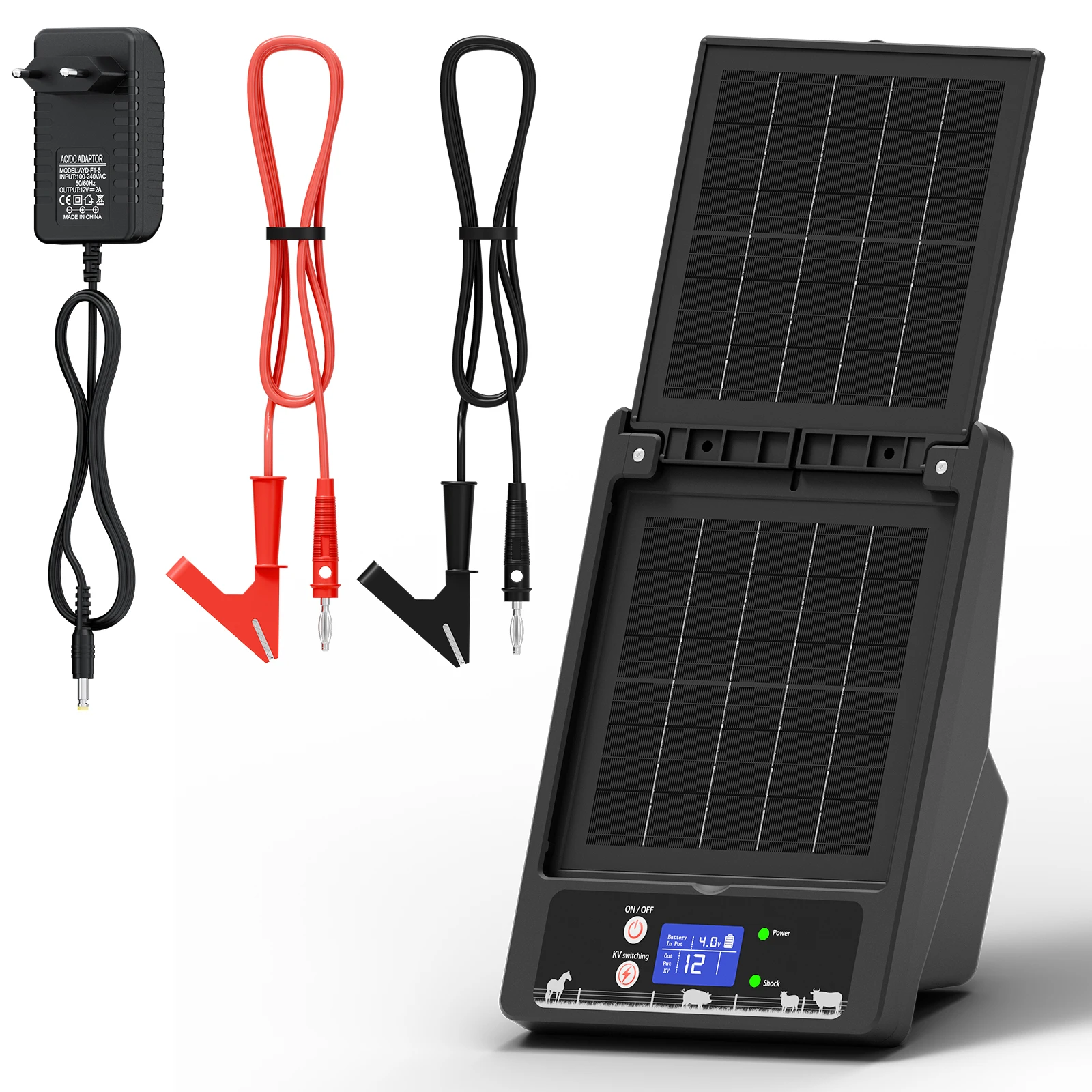 32 km Solar-Elektrozaun-Gerät mit 10-W-Solarpanel, 18000-mAh-Lithiumbatterie, 6-12-kV-einstellbarer Elektrozaun mit LCD-Anzeige zum Schutz von Geflügel, Nutztieren und Haustieren.