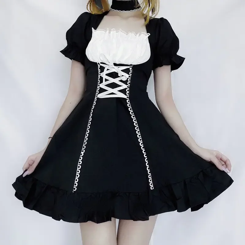 

Women Lace Up Mall Goth Dress Punk Dark Academia Mini Dresses Harajuku Lolita New Black Aesthetic Kawaii Gothic Emo Alt Clothes