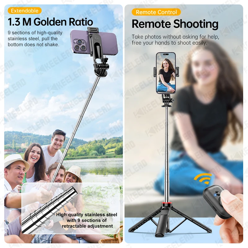 Treppiede per selfie stick con rotazione a 360° dall'aspetto, supporto portatile con telecomando wireless, per luci fotocamere digitali gopro, per smartphone