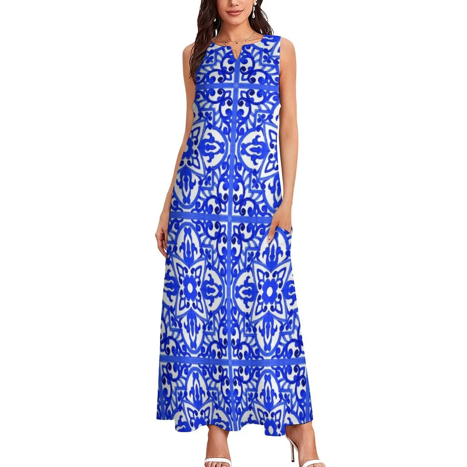 Portuguese azulejo tiles. Long Dress Cocktail of dresses dresses korean style dresses ladies 2025 summer Dress